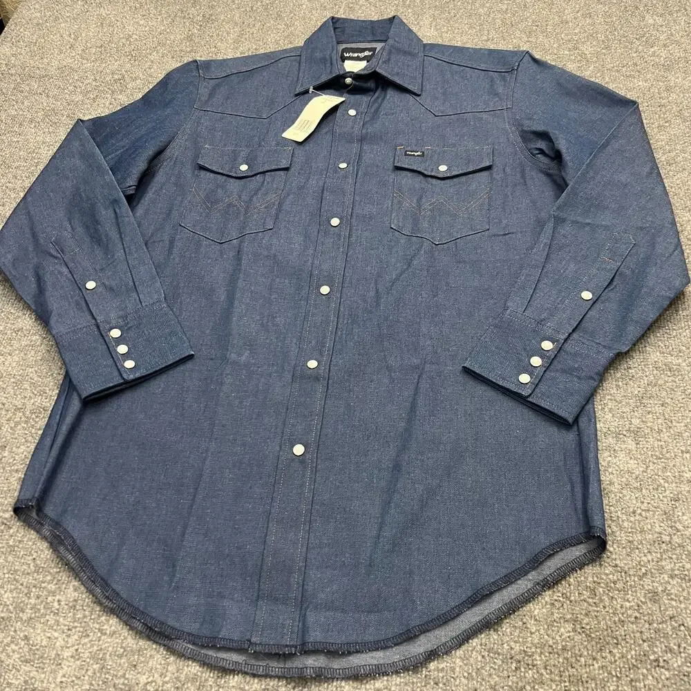 Wrangler Western Shirt Men's 16 X 33 Blue Denim 100% Cotton Pockets Pearl Snap - Picture 2 of 9